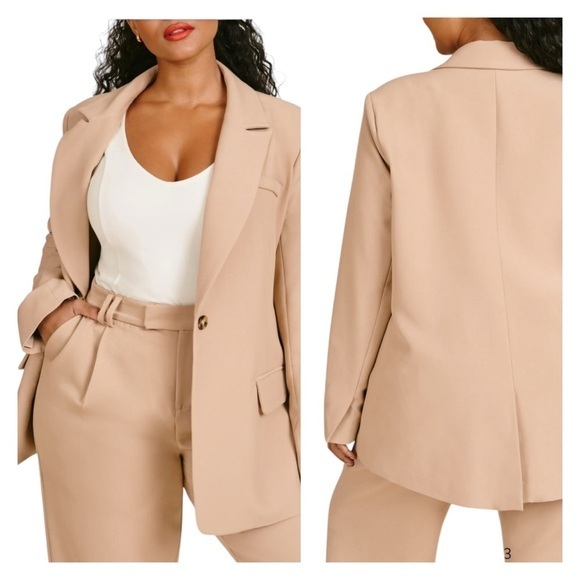 11 Honore Olivia Boyfriend Blazer Tan 1 Button Long Sleeve Contemporary - Picture 1 of 16